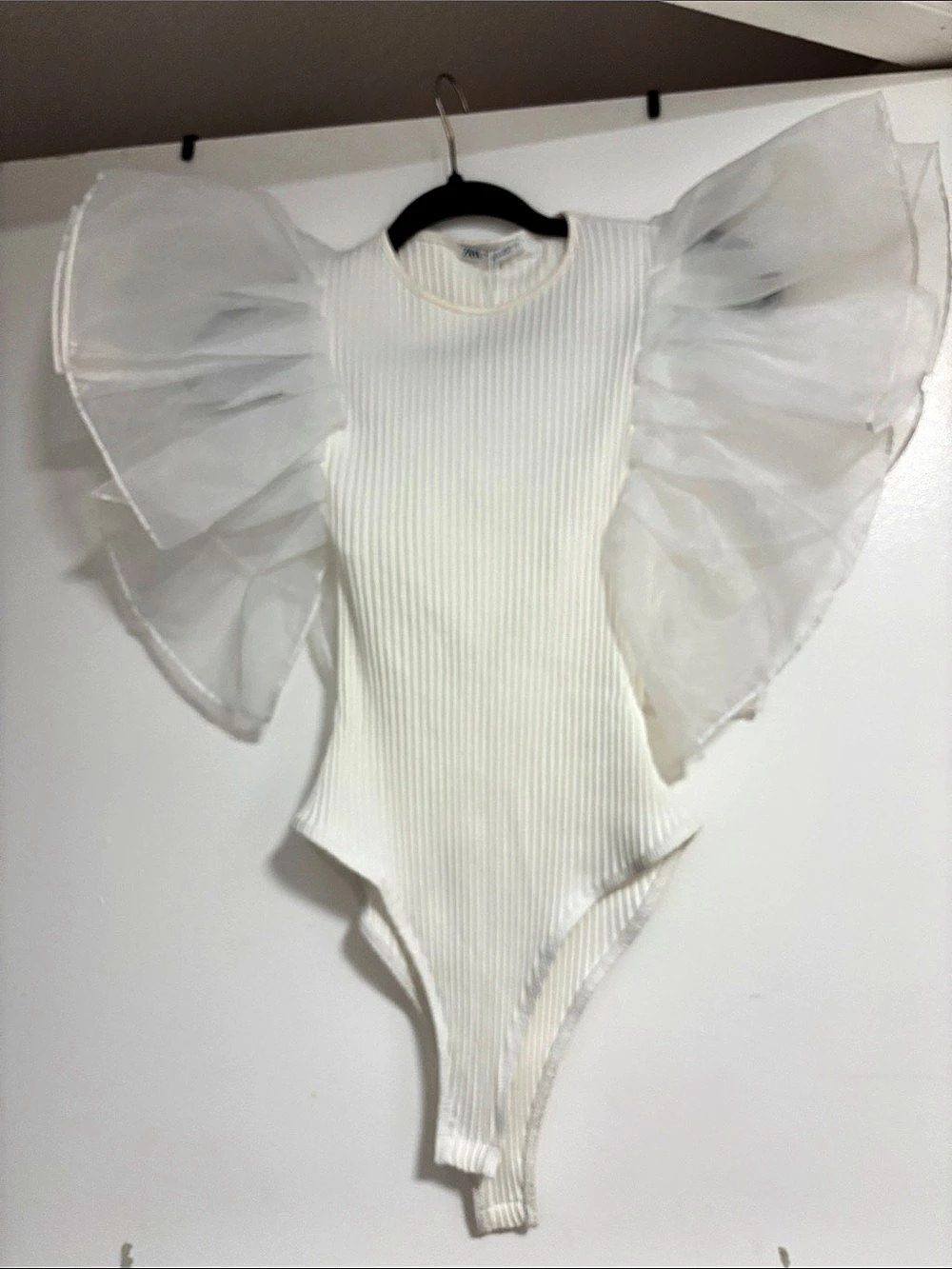Zara Organza Ruffle Rib Bodysuit White Size Large